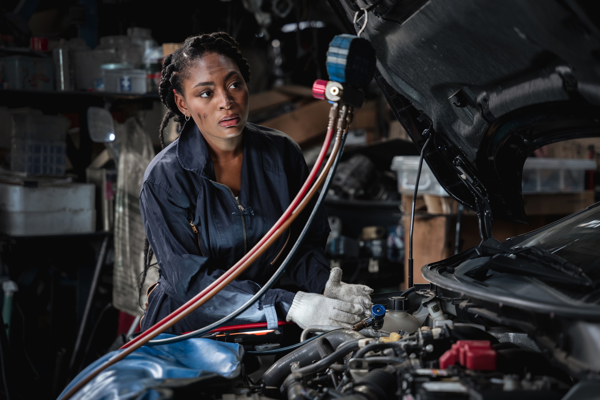 Mechanics inspect and check the refrigerant and fill the car air conditioner in the garage.